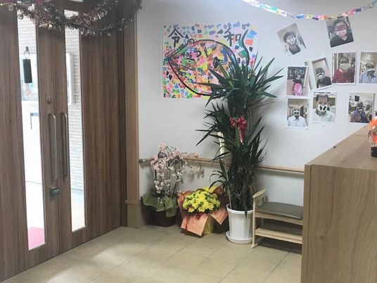 エントランスの観葉植物と掲示物