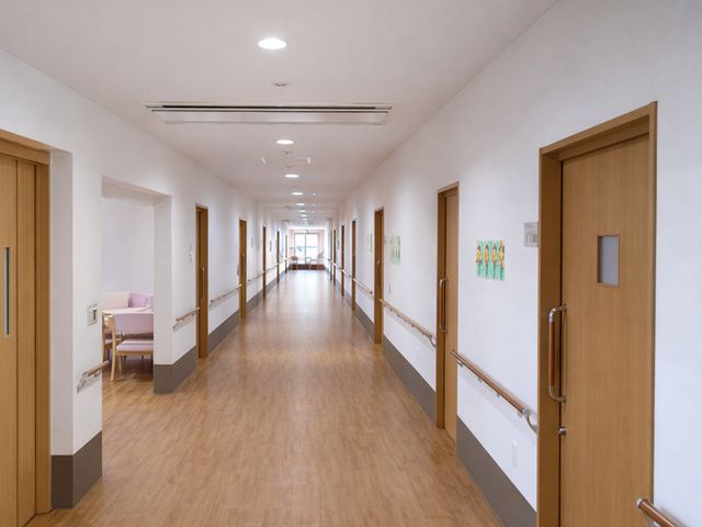 木目調の廊下 廊下 自然光が差し込む明るい通路です。手すりが設置されており、移動が安全に行えます。