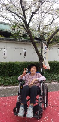 桜の下の車椅子の方  