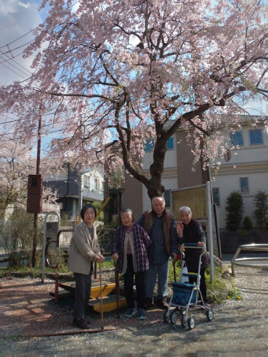 桜の下での笑顔集合