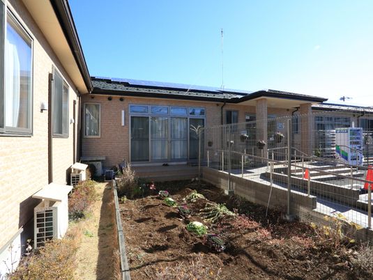 陽光浴びる庭付き建物