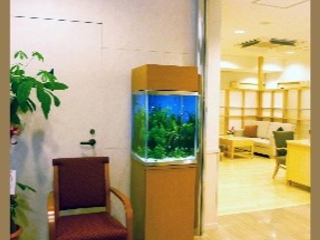 リビング角度の共有スペース ミニ水槽 落ち着いた雰囲気の共有スペースです。水槽の優しい光が心地よい癒しの時間を提供します。