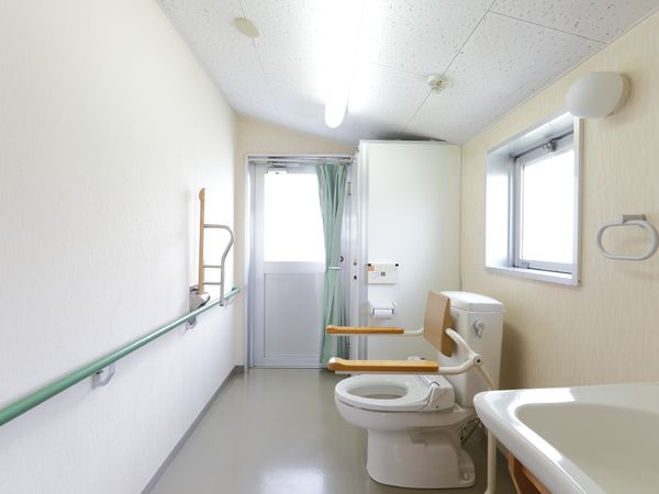 手すり付きの清潔な浴室