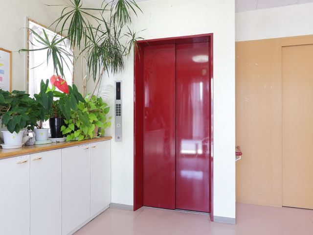 赤いエレベータと植物 エレベーターホール 温かみのある空間で、赤いエレベーターの前には緑豊かな植物が置かれており、居心地の良さが感じられます。明るく清潔な雰囲気は、日々の業務にも彩りを与えるでしょう。