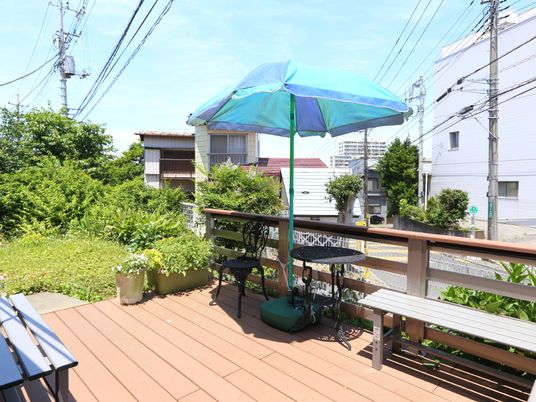 テラス席と緑の景色