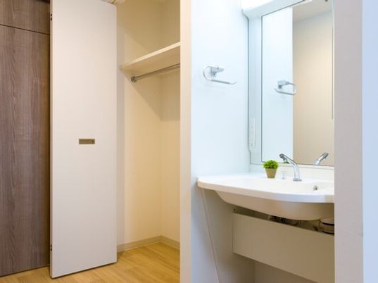 ワイドタイプの洗面所は車いす対応の仕様で大きな鏡が付いている。その横にはクローゼットがある。