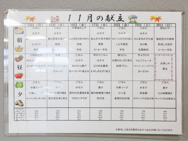 メニュー掲示の掲示物 展示物 週間メニューが掲示されている壁面です。彩り豊かな食事内容が確認でき、日々の健康管理に役立ちます。