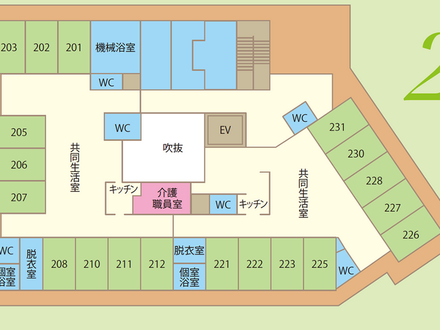 2階フロア案内図 内観 各居室は広さに配慮され、共用施設も充実しています。多様なニーズに対応可能な設計です。