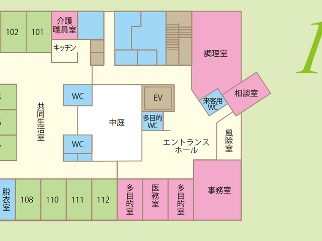 明るく便利な1階間取り 内観 共用生活室を中心に、多様な用途に使えるスペースが広がる1階の間取りです。リラックスできる環境が整っています。