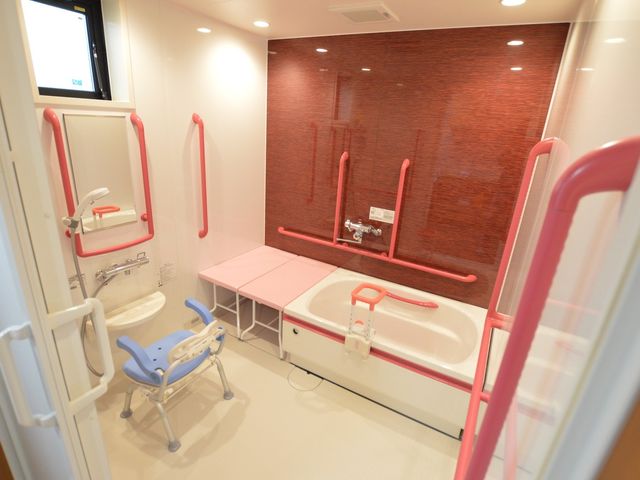 ゆったりした浴室 浴室 明るい浴室には、安全のための手すりがしっかりと設置されています。