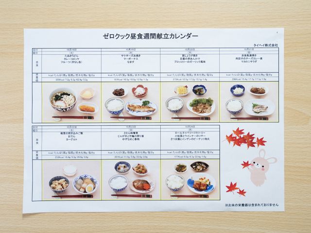 献立表掲示物 献立表 栄養満点のバランスの良い献立表が掲示されており、日々の食事の豊かさが伺えます。おいしい食事は、日々の活力に大きく寄与します。