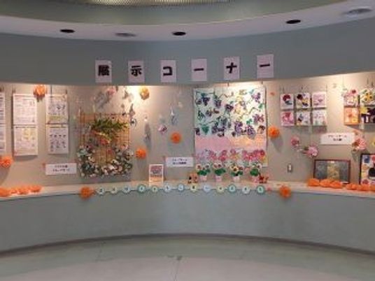 掲示物の並ぶ曲面壁の展示室  