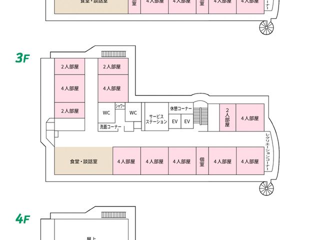 居室の間取り図 居室 各層に個室が配され、プライベートな空間の確保が見て取れます。安心して日々を過ごせる環境が整っています。