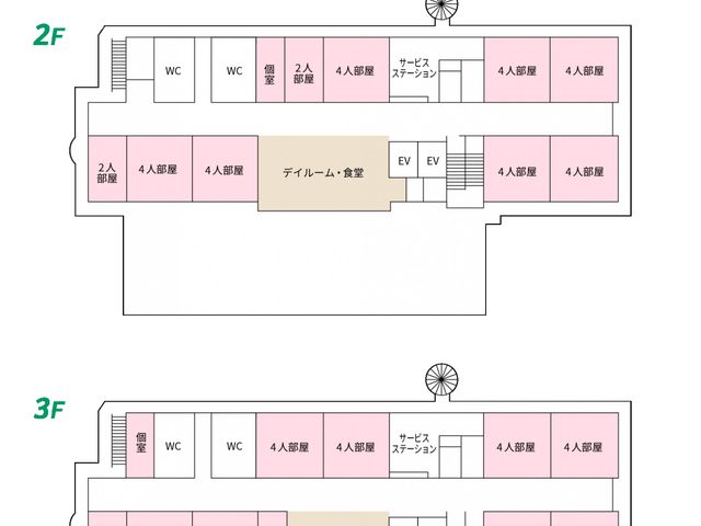 明瞭な施設の平面図 平面図 ゆったりとした空間設計の施設で、それぞれのお部屋や機能の配置をご覧いただけます。