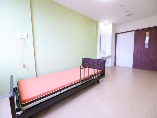 緑の壁際に赤いマットレスが敷かれたベッドが置かれた広い部屋