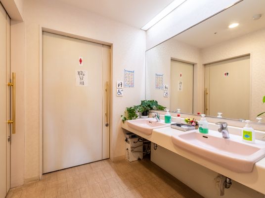 清潔な洗面台とトイレ入口