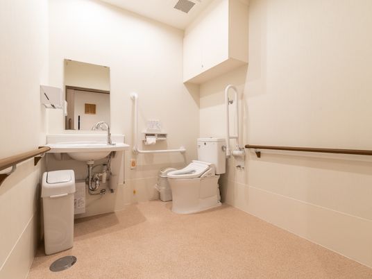白い部屋の壁際に配置された洗面台と手すりに囲まれた洋式便器
