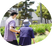 一緒に散歩する二人の人物、庭