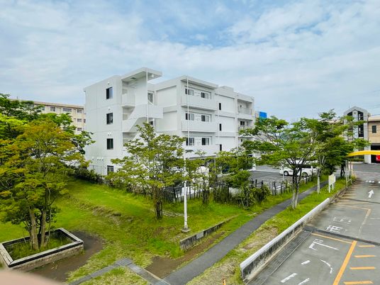 白い建物と緑の外観