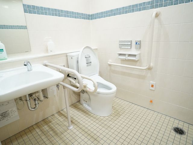 バリアフリーの洗面トイレ トイレ 手すりが付いた清潔感のあるトイレです。利用者の自立を支える細やかな配慮が感じられます。