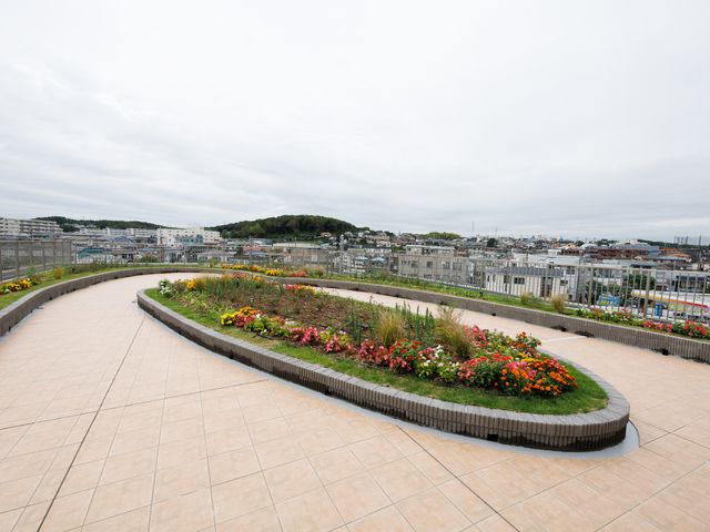 中庭を一望できる景色 屋上 ゆったりとした歩道を備えた、色とりどりの花々が咲く中庭です。新緑や季節の移ろいを感じながら、心地よい散策が楽しめます。