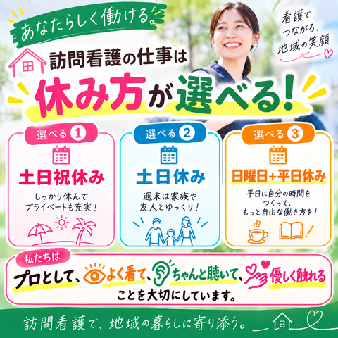 訪問看護の求人案内 看板   明るい配色で、休み方の選択肢がわかりやすく示されています。訪問看護で働く条件を比較しながら確認したい方に見やすい案内です。