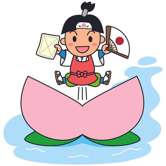 笑顔のキャラクターと和傘