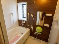 手すり付きの清潔な浴室