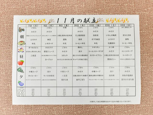 メニュー表のクローズアップ 献立表 充実した毎日を送れるよう、様々なアクティビティが計画された月間スケジュールです。個々のニーズに応える多彩なプログラムが用意されています。