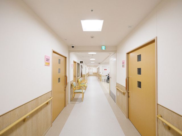 明るい廊下と掲示物 廊下 手すりが備わり、清潔感あふれる通路が広がっています。居心地の良い環境で、皆様の安全と利便性を配慮しています。