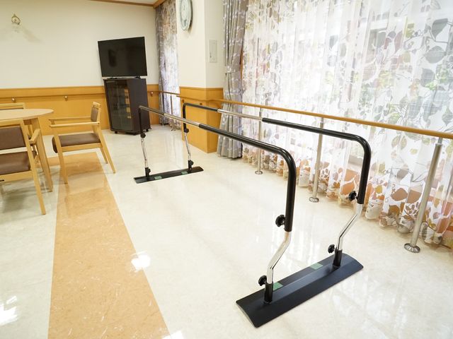 機能訓練用手すり 機能訓練室 手すりが備えられた機能訓練室は、リハビリをサポートする設備が整っており、明るく清潔な空間です。