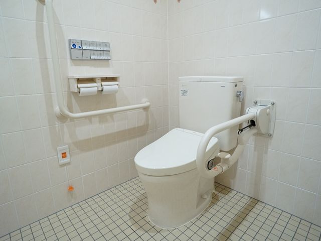 バリアフリー設計のトイレ トイレ 安全で快適な使用を考慮した手すり付きのトイレです。緊急時にも安心のコールボタンが設置されています。