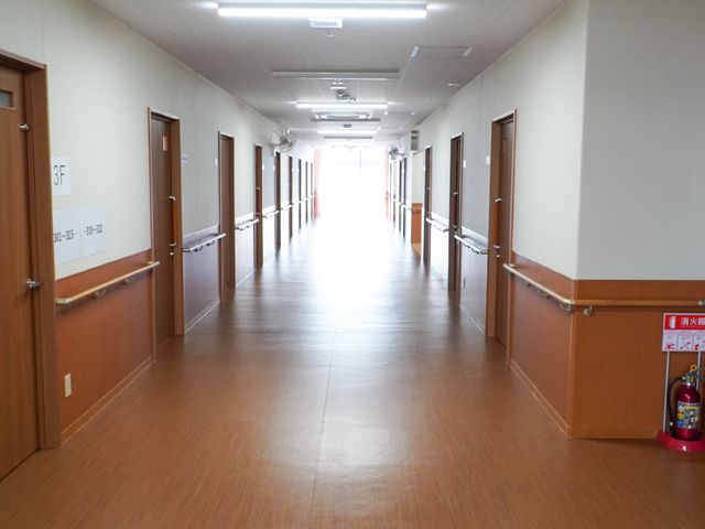明るい廊下の風景 廊下 手すりが設置されているため、安心して歩行できる通路です。清潔感があり、ゆったりとした造りが特徴的です。