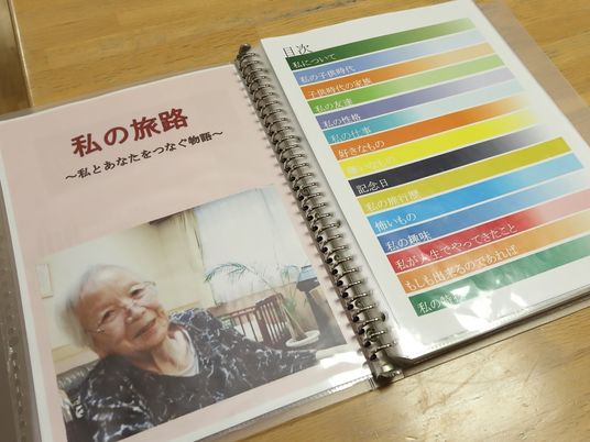 笑顔の高齢女性と冊子