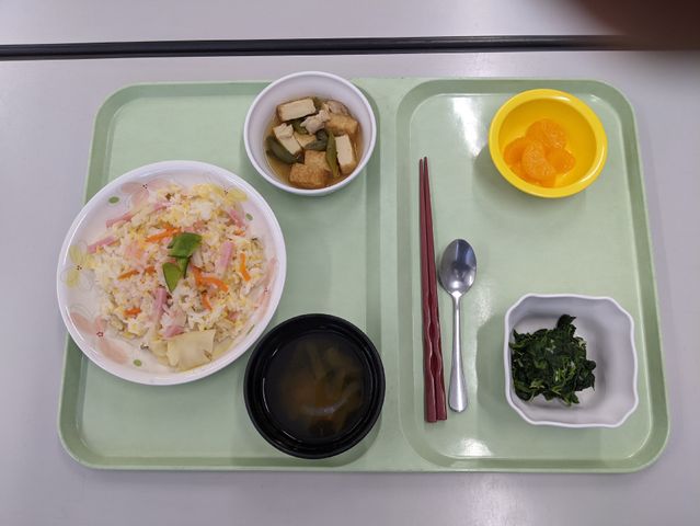 昼食の食事トレー 食堂   栄養バランスの取れた彩り豊かな食事が楽しめます。健康的なメニューで毎日の食をサポートします。
