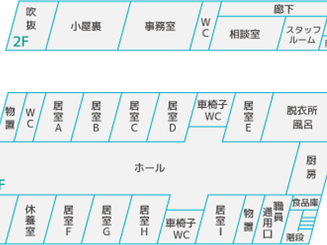 施設の間取り図 エントランス 館内の落ち着いた雰囲気が感じられる間取り図です。個々の部屋がわかりやすく配置されています。
