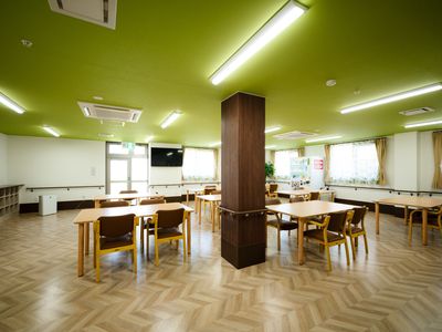 緑色の壁の明るい食堂