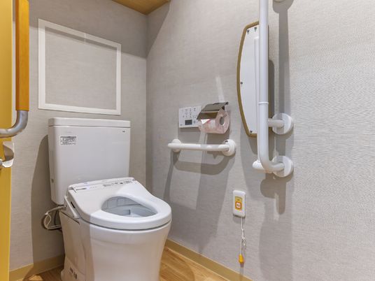 エル字型の手すりやオレンジの呼び出しボタンが設置された広いトイレにはふたのない便座が付いたトイレがある。