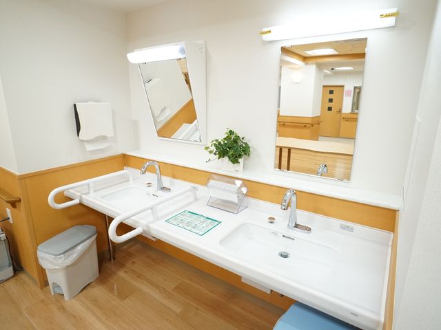 手すり付き洗面台 洗面台 手すりが設置された清潔感のある洗面スペースです。安全性に配慮し、利用する方々の快適さを考えた設計になっております。