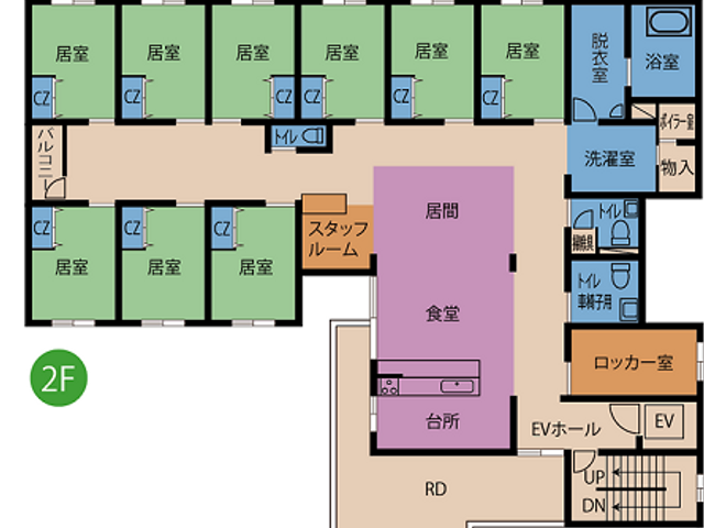 施設の見取り図 内観 各階に広がる居室と共用スペースの見取り図です。効率的な移動がしやすく設計されています。