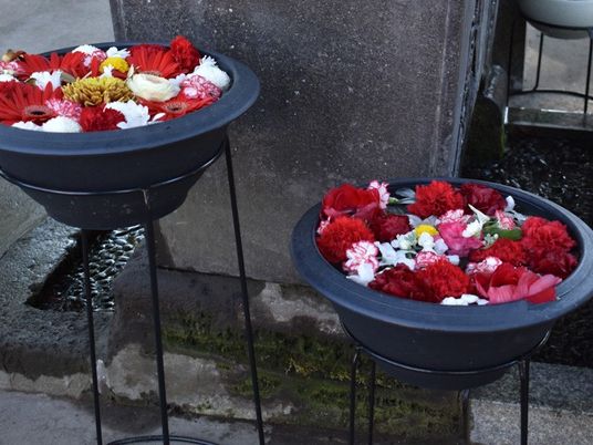 花を飾った鉢のある庭  