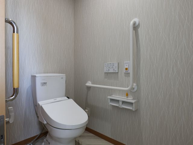 バリアフリートイレの設備 トイレ 手すりが設置された清潔感あるトイレスペースです。安全かつ快適な使用を支援する工夫がされています。