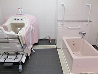 ピンクの浴槽がある洗面