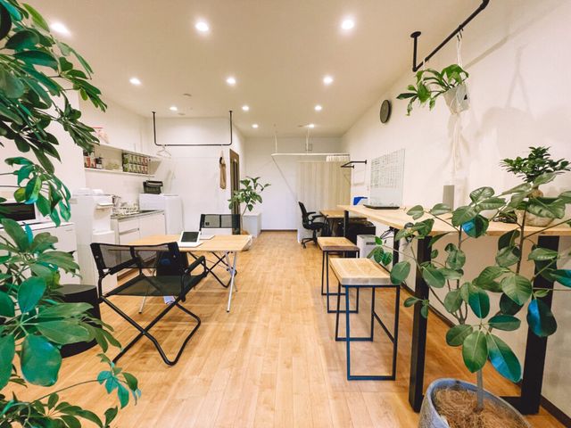 リラックスできる空間ラウンジ ラウンジ 自然光がたっぷりと差し込む、植物の緑に囲まれた温かみのある空間です。仕事やリラックスに最適です。
