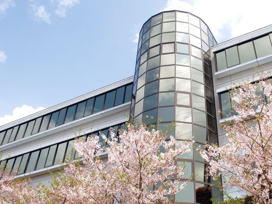 桜とガラス張りの外観  