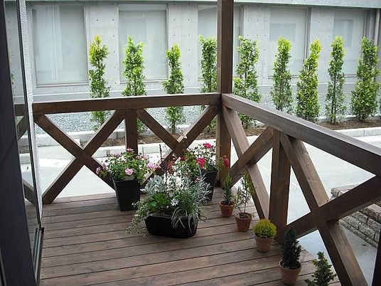 植物が並ぶウッドデッキ