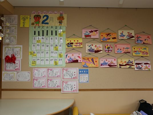壁に掲示物と手作り装飾