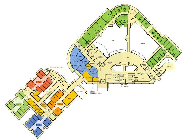 居室案内図 居室 各部屋が色分けされた案内図です。施設内の配置が一目でわかります。