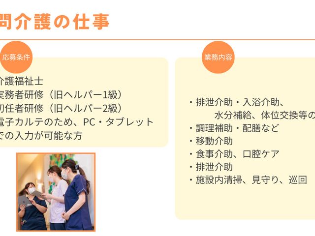訪問介護のスタッフ スタッフイメージ 訪問介護の仕事の詳細が見やすくまとめられています。スキルアップが可能な環境です。