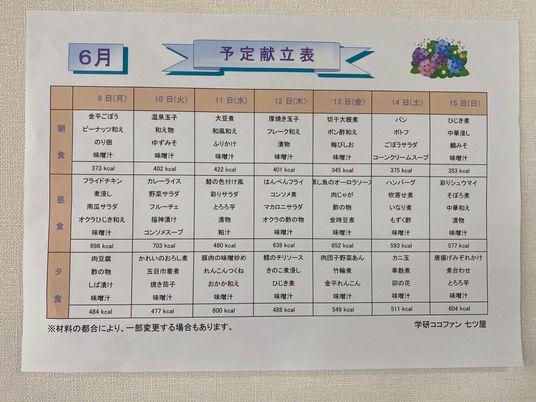 掲示物の予定献立表